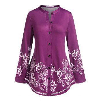 

Plus Size Button Front Flower Print Tunic Shirt, Concord