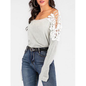 

Crocheted Lace Panel Dolman Sleeve Sweater, Light gray