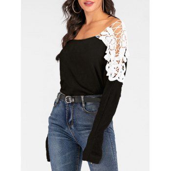 

Crocheted Lace Panel Dolman Sleeve Sweater, Black