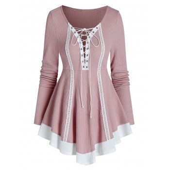 Two-tone Lace Up A Line Top, Pink rose