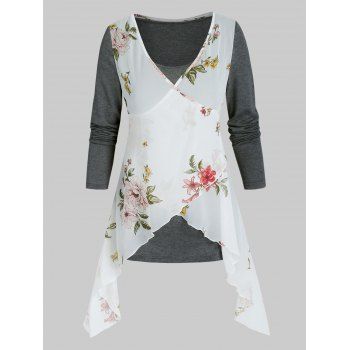 

Floral Print V Neck Layered Asymmetrical T Shirt, Multicolor a