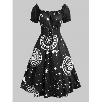 

Lace Up Tie Waist Starry Print Lettuce Trim Mid Calf Dress, Multicolor a