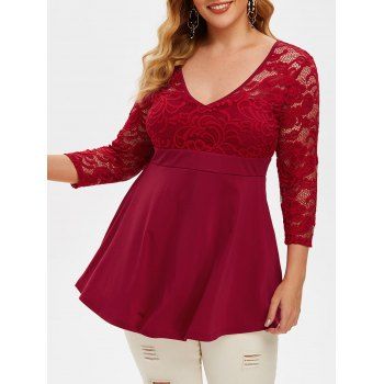 

Plus Size Lace Insert Skirted T Shirt, Red wine