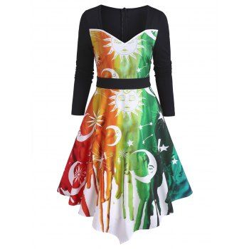 

Colorful Starry Print High Waist Midi Asymmetrical Dress, Multicolor a