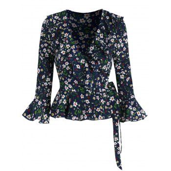 

Tiny Floral Print Poet Sleeve Wrap Blouse, Midnight blue