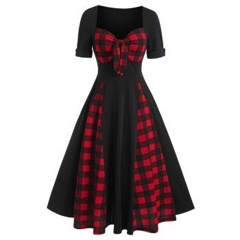 

Sweetheart Neck Bow Tartan Insert Belted Mid Calf Dress, Multicolor a