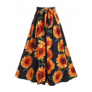 

Sunflower Print Belted Maxi Skirt, Black
