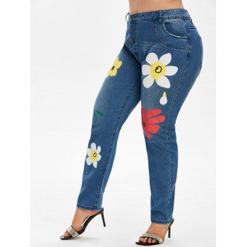 Plus Size Floral Print Button Fly Jeans, Deep blue