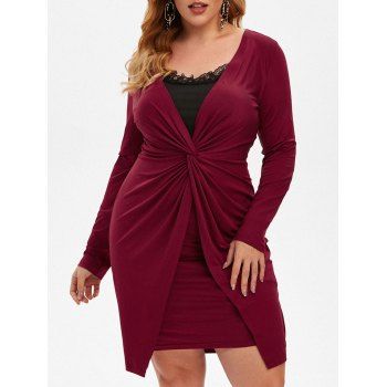 

Plus Size Lace Insert Twisted Ruched Long Sleeve Dress, Deep red