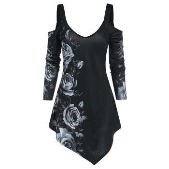 

Open Shoulder Floral Print Longline T Shirt, Black