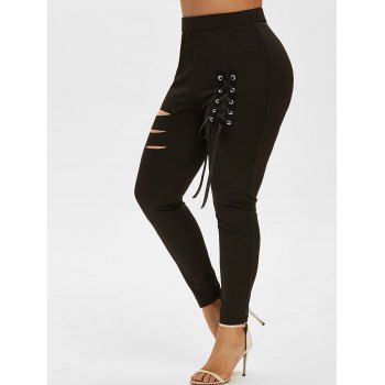 

Plus Size Lace Up Ripped Pants, Black