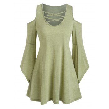 

Pure Color Crisscross Open Shoulder Flare Sleeve T Shirt, Light green