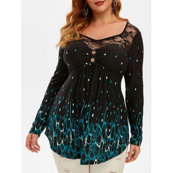 

Plus Size Lace Yoke Pattern Long Sleeve Tunic Tee, Black