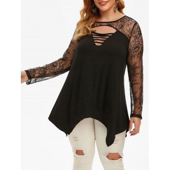 

Ladder Cut Out Lace Panel Handkerchief Plus Size Top, Black