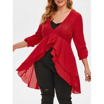

Plus Size High Low Tail Blouse and Tank Top Set, Red