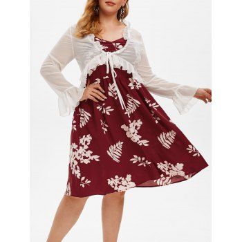 

Plus Size Floral Print Dress and Ruffled Top Set, Red wine