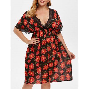 

Plus Size Plunge Floral Print Chiffon Intimate Dress, Black