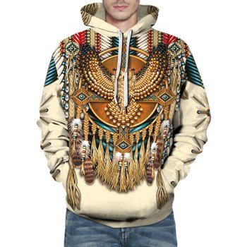 

Indian Eagle Pattern Front Pocket Drawstring Hoodie, Warm white