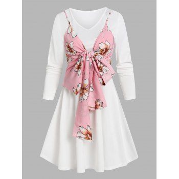 

Flower Print Knot Front Long Sleeve Dress, Multicolor a