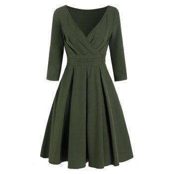 

V Neck Pleated Vintage A Line Surplice Dress, Army green