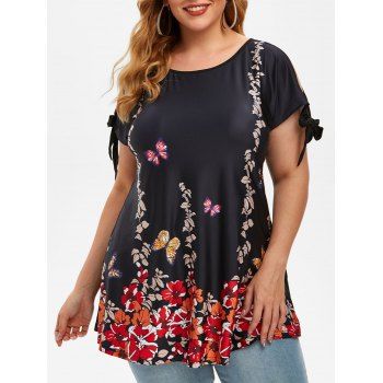 

Plus Size Tie Sleeve Floral Butterfly Print T Shirt, Black