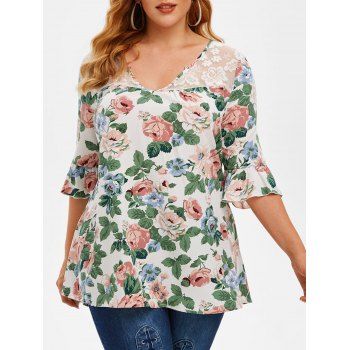 Plus Size Poet Sleeve Floral Print Blouse, White