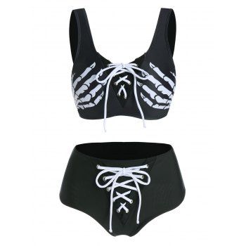 

Halloween Skeleton Print Lace-up Tankini Set, Black