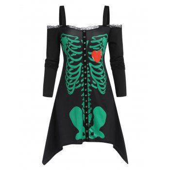 

Open Shoulder Skeleton Pattern Grommet Asymmetrical T Shirt, Black