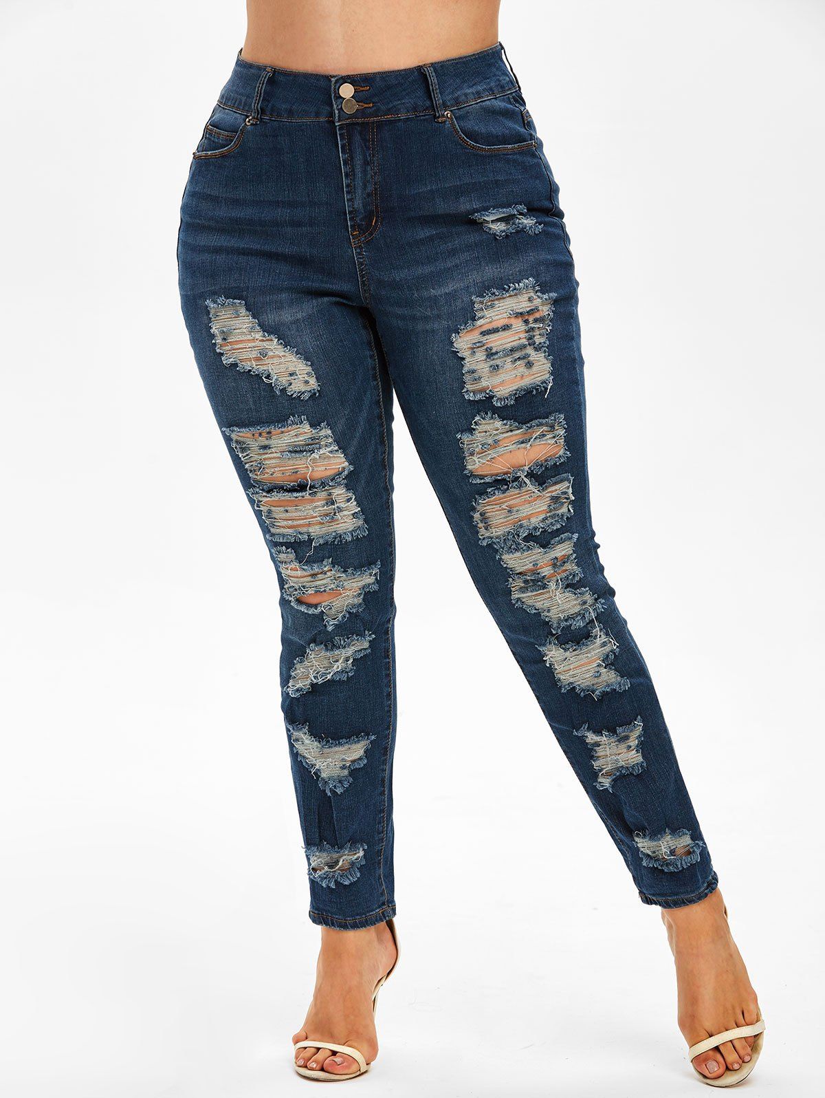 [32% OFF] 2021 Plus Size Ripped Destroyed Jeans In DEEP BLUE | DressLily
