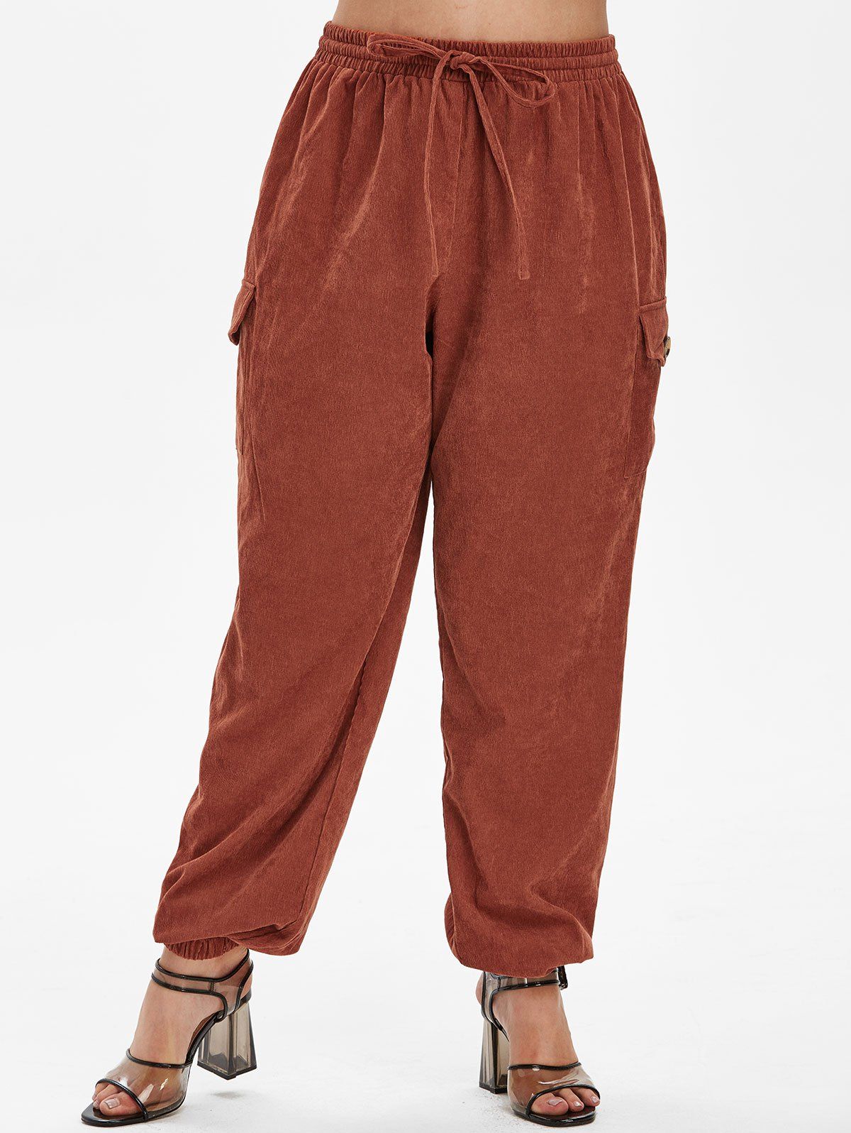 [30% OFF] 2021 Plus Size Drawstring Corduroy Pants In COFFEE | DressLily