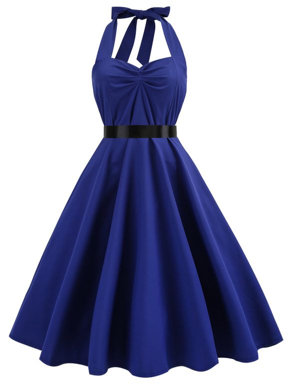 Robe Plissée au Dos à Col Halter Année 1950s - Bleu XL