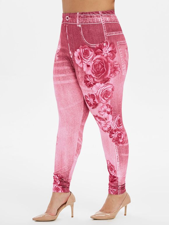 Legging 3D Fleuri Imprimé à Taille Haute de Grande Taille - Rose clair L