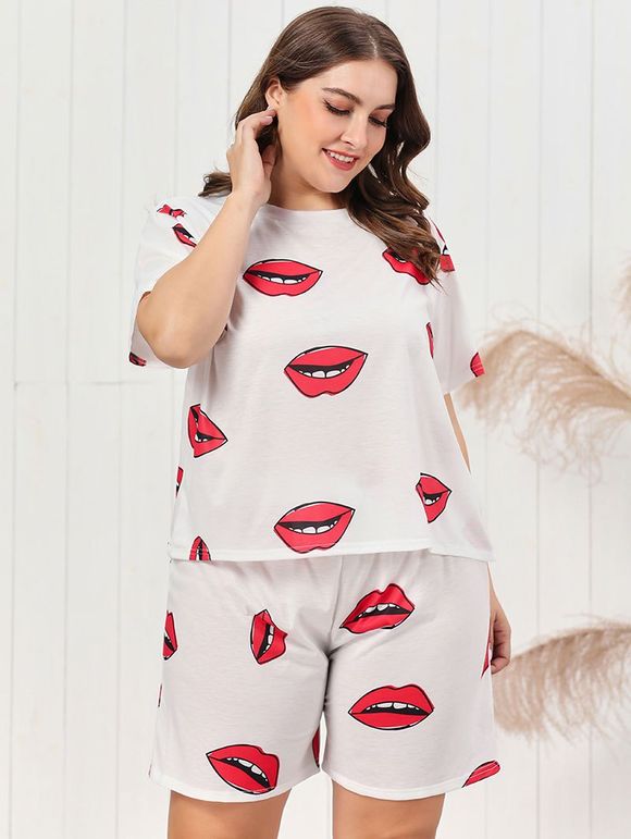Ensemble Pyjama Lèvres Imprimées Grande-Taille - Blanc 4XL