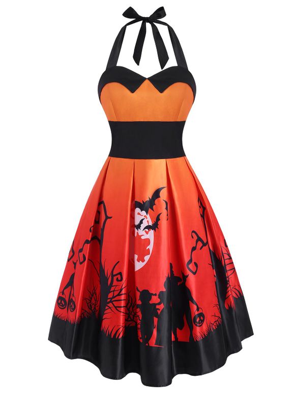 Robe d'Halloween Imprimées Citrouille et Chauve-souris à Taille Empire - Orange XL