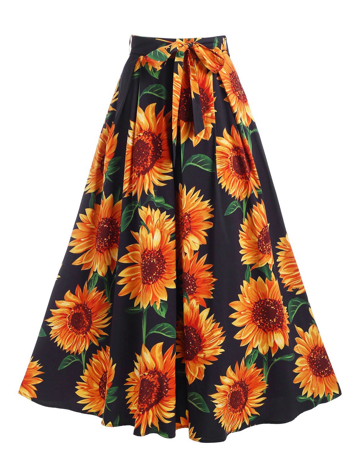 [28% OFF] 2022 Sunflower Print Belted Maxi Skirt In BLACK | DressLily