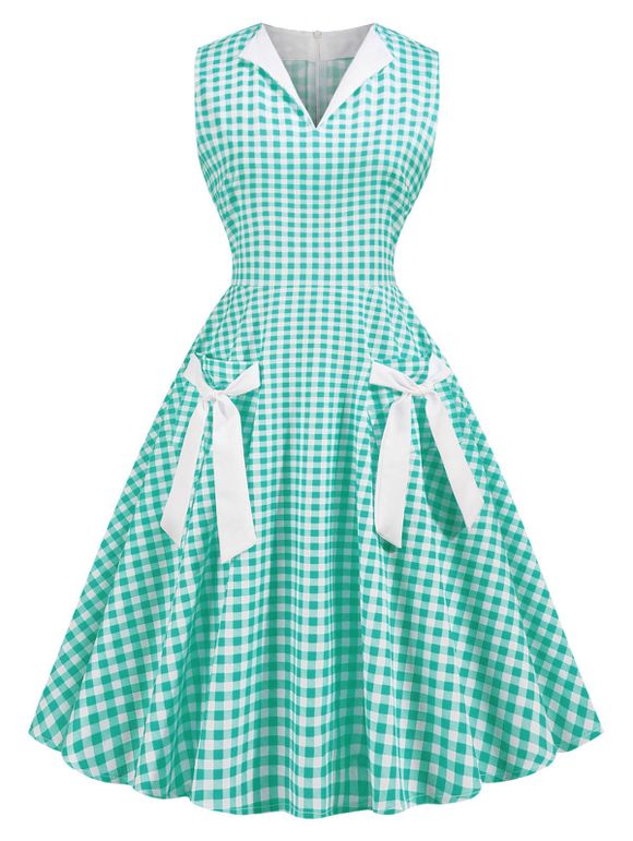 Robe à Carreaux Nouée avec Poches en Avant Années 1950s - Vert clair 2XL
