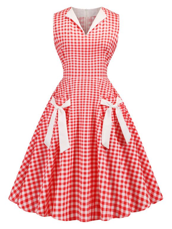 Robe à Carreaux Nouée avec Poches en Avant Années 1950s - Rouge 2XL