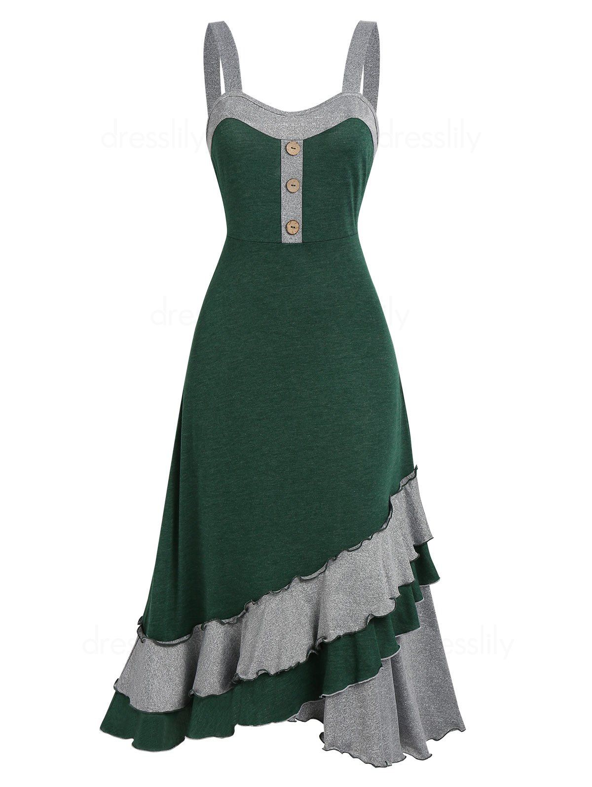 Summer Contrast Colorblock Layered Ruffle Cami Mid Calf Dress - MEDIUM SEA GREEN M
