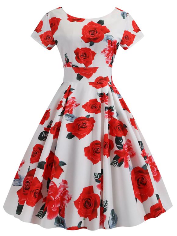 Robe Évasée Florale Plissée - Blanc 2XL