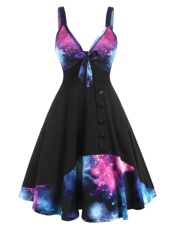 Robe Boutonnée Galaxie Imprimée avec Nœud Papillon sans Manches - Noir XL