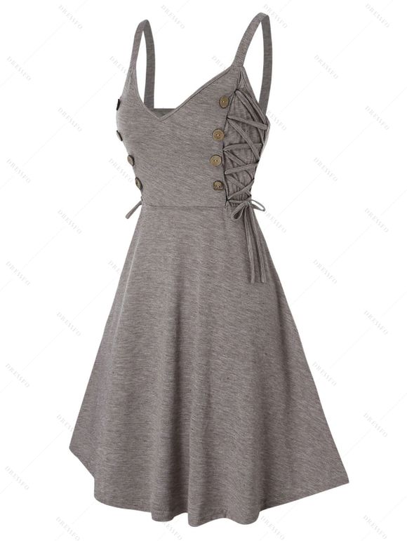 Robe Ligne A Boutonnée à Bretelle à Lacets Latérale - café lumière 3XL