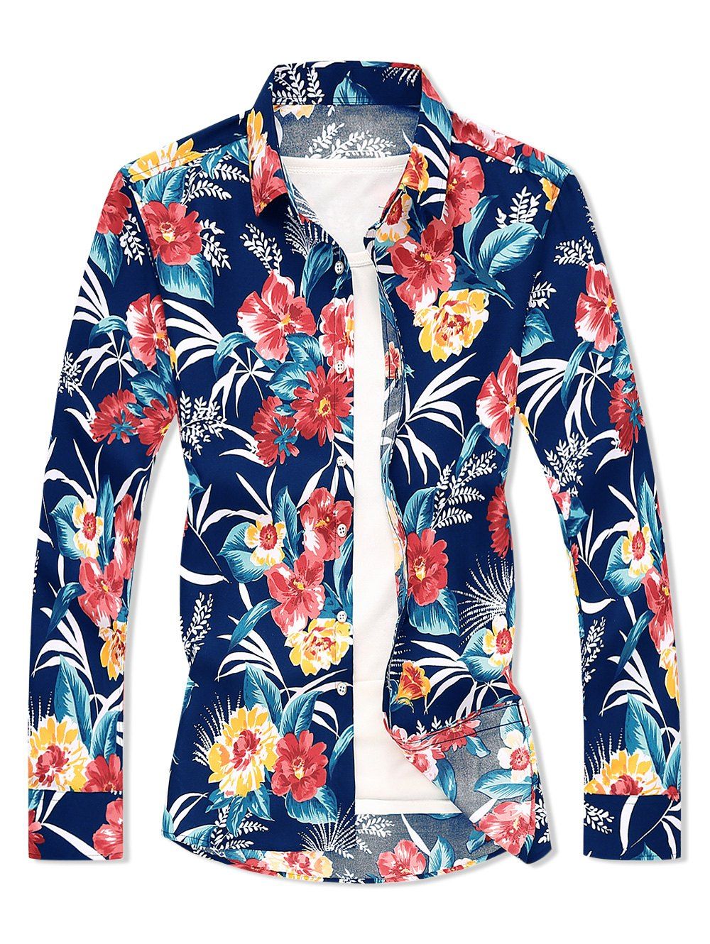 Flower Leaf Print Button Down Shirt - CADETBLUE XL