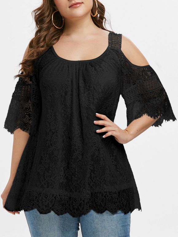 Corsage en Dentelle à Épaule Dénudée Grande-Taille - Noir 4X