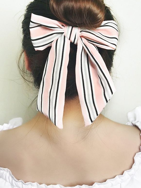 Bande de Cheveux Elastique Rayée Imprimée avec Nœud Papillon - Rose clair 