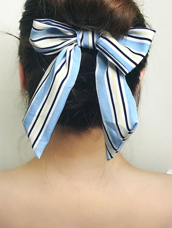 Bande de Cheveux Elastique Rayée Imprimée avec Nœud Papillon - Bleu Ciel Léger 