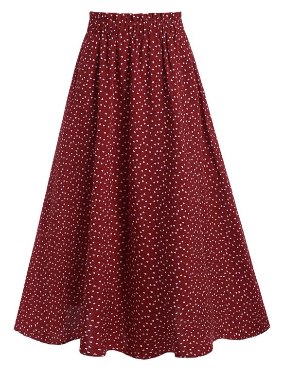 Jupe Mi-longue à Imprimé Cœur à Taille Haute - Rouge Vineux XL