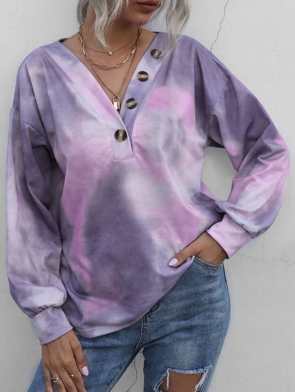 Sweatshirt Teinté à Goutte Epaule avec Bouton - Violet clair XL