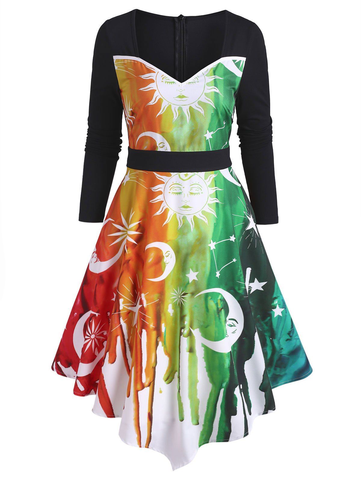 Robe Mi-Longue Asymétrique Colorée à Imprimé Etoile à Taille Haute - multicolor A XL