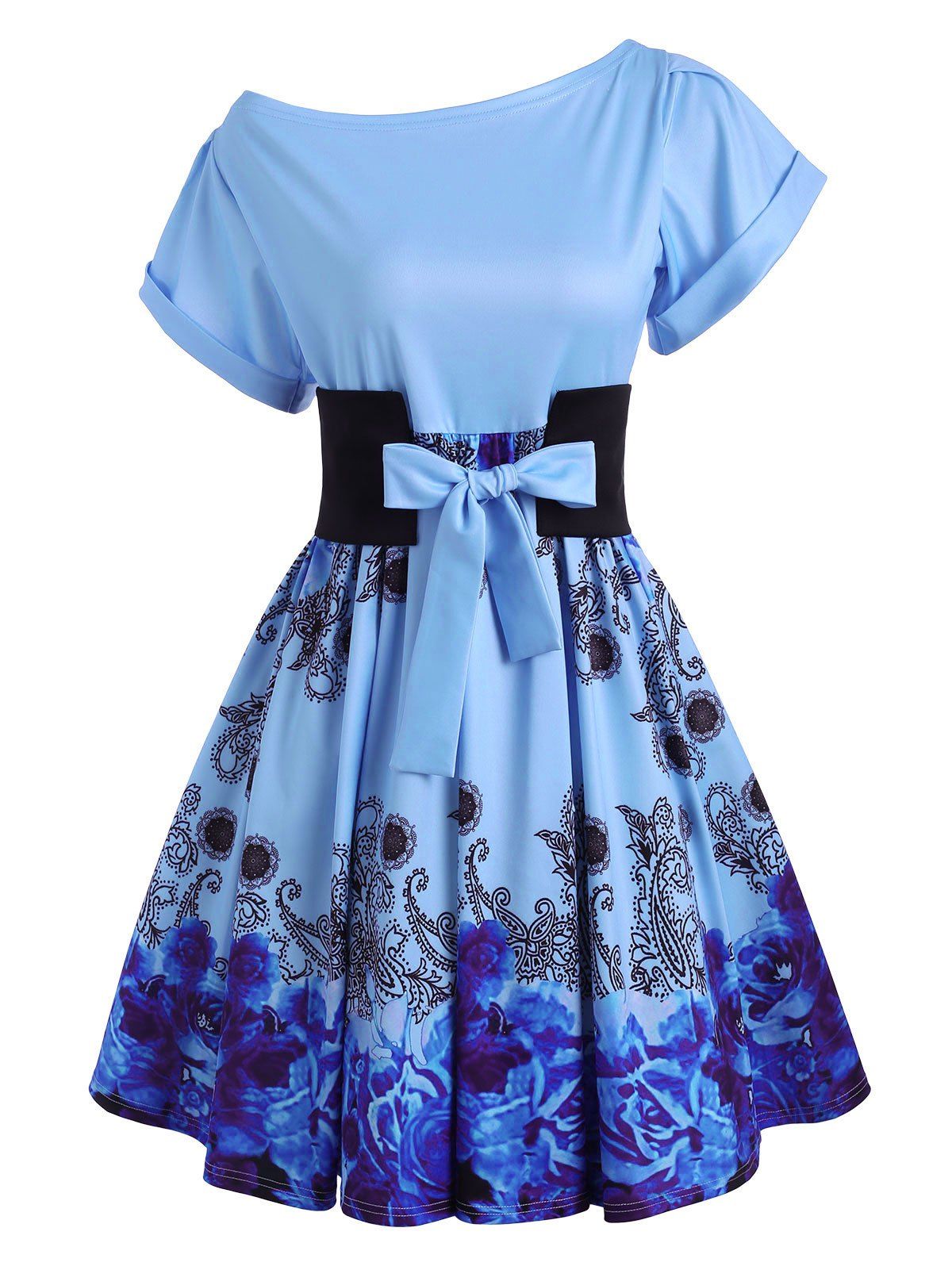 Flower Cuffed Sleeve Skew Collar Belted Dress - LIGHT BLUE M