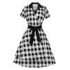 Checked Belted Surplice Dress - BLACK L